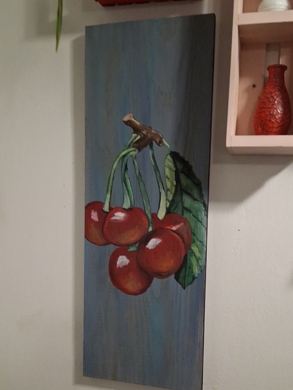 Hand-Painted Red Cherry Wall Art on Pine, 31" x 11" x 3/4"